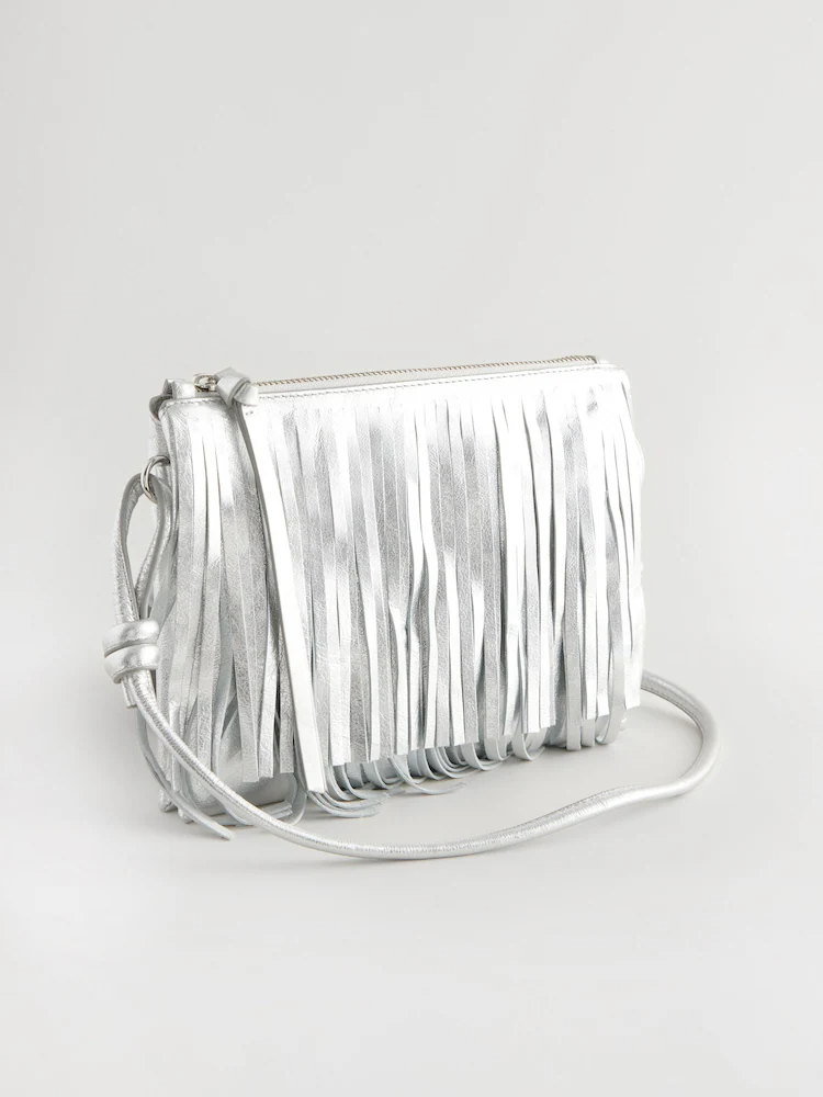 Silver Leather Fringe Western Cross-Body Bag