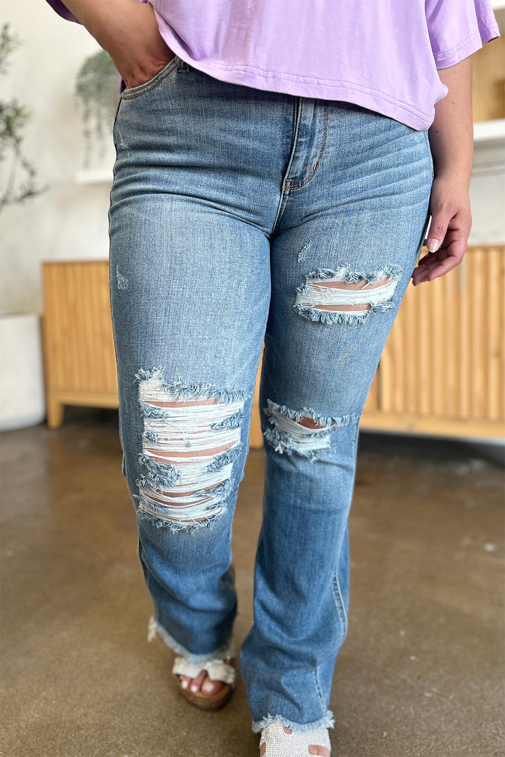 Judy Blue Full Size Distressed Raw Hem Bootcut Jeans