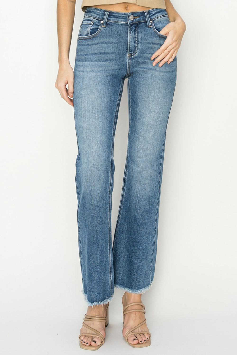 RISEN Mid-Rise Frayed Hem Bootcut Jeans