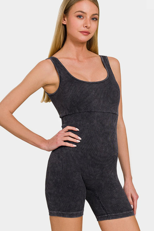 Zenana Washed Ribbed Romper with Pad