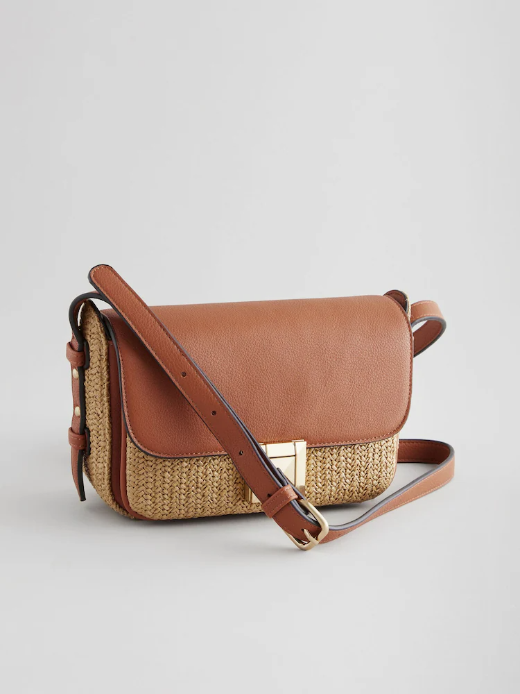 Tan Brown Raffia Cross-Body Bag