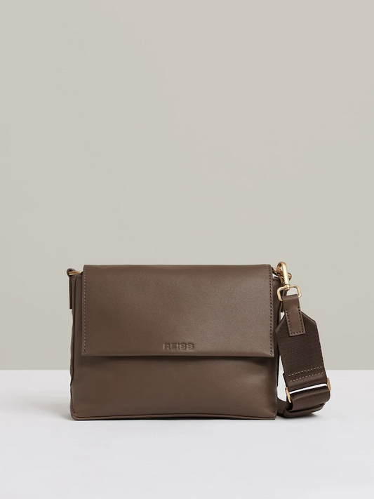 Reiss Taupe Selena Leather Flap Crossbody Bag