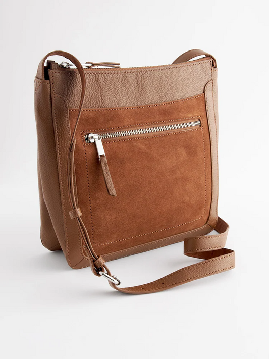 VONALZO Tan Brown Leather Pocket Messenger Bag