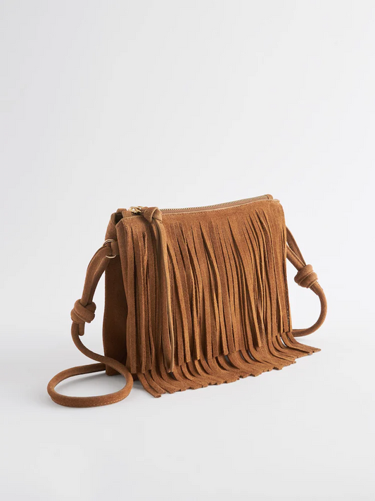 Tan Brown Leather Fringe Western Cross-Body Bag